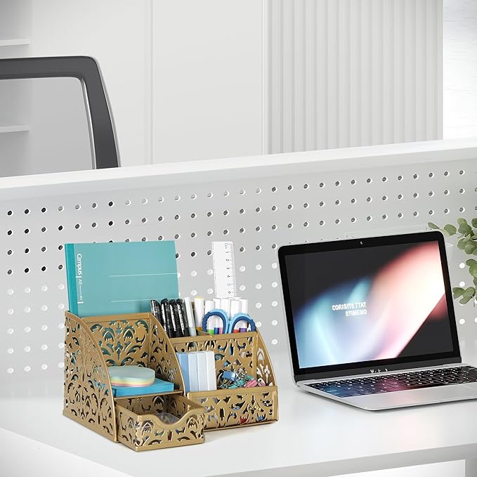 EasyPAG Pen Holder Desk Organizer with Drawer Pencil Cup for Desk 6 Compartments Metal Office Caddy Storage with Sticky Notes Holder for School Home Office, Gold