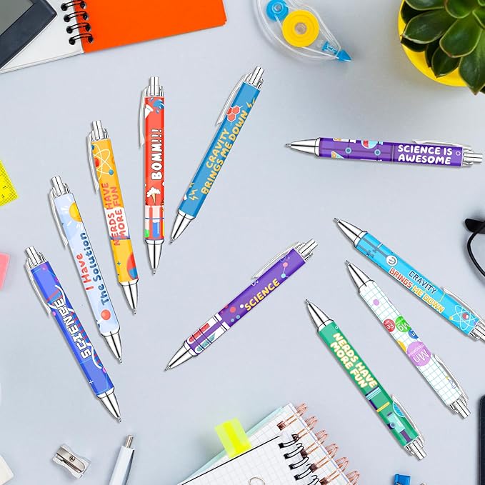 Science Theme Ballpoint Pens, 10 Pack – Colorful STEM Design Pens with Lab Icons, Chemistry Physics Biology Patterns, Smooth Writing Pens for Students, Teachers, Classrooms & School Supplies