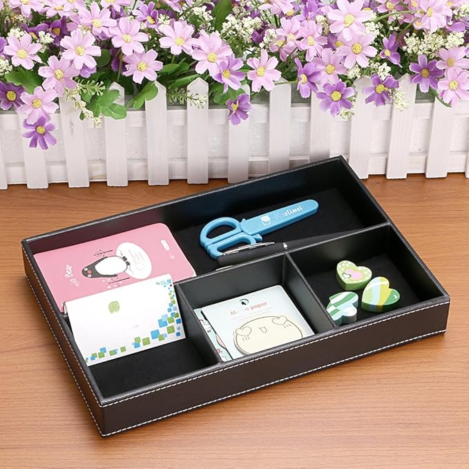 BTSKY 4 slots Desk Drawer Organizer, PU Leather Drawer Storage Organizer Divider for Office Desk Supplies Value Collection and Accessories Multi-Purpose Storage Desktop Organizer Tray(Black)