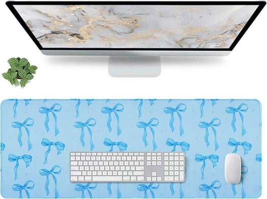 Large Mouse Pad, Blue Bows Desk Mat with Light Blue Background, Kawaii Computer Mat Keyboard Mat Cute Blue Office Accessories, Non-Slip Rubber Base Laptop Pad Girls Desktop Decor 31.5 x 11.8in