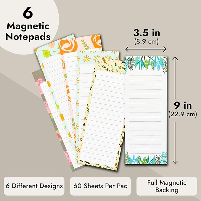 Juvale Magnetic Note Pads for Fridge - 6-Pack, 3.5 x 9 in, Floral Designs - Grocery List Notepad & To Do List Pad - Full Magnetic Backing