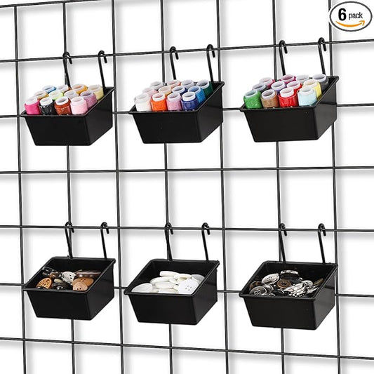 6 Pcs Grid Wall Storage Bin with Hooks, Square Box Shape Hanging Baskets, 3.5 x 2.5 x 1.8 Inch Pegboard Cups for Garage, Kitchen, Office, Craft Room Durable Space Saving Organizer