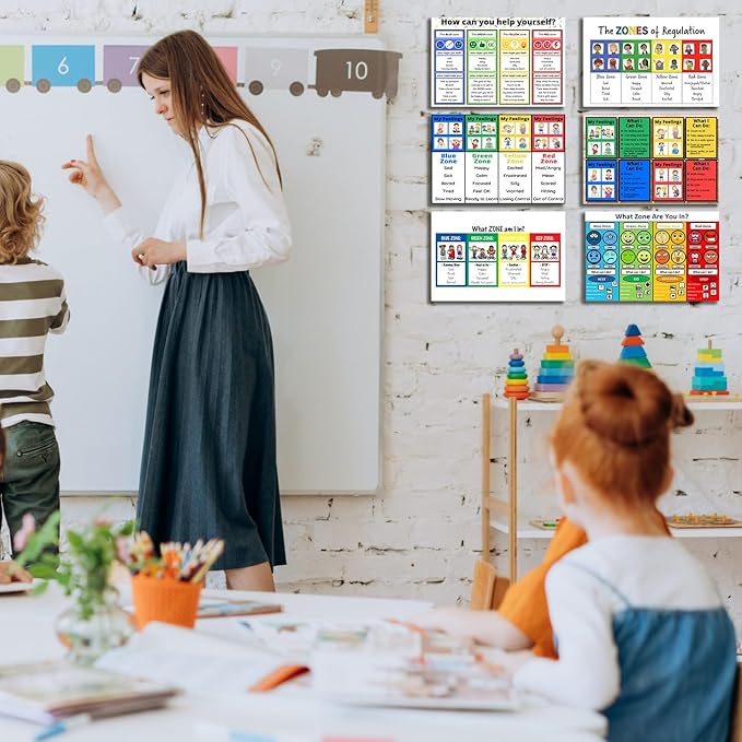6 Zone of Regulation Bulletin Board Set, Feelings Chart For Kids, Emotions Poster, Set of 6 Unframe 08x12inch(20x30cm)