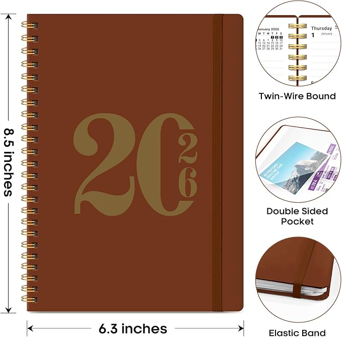2026 Planner, Weekly and Monthly Calender Planner, Jan 2026 to Dec 2026, Hardcover 2026 Calendar Book with Tabs & Inner Pocket, Office Home School Supplies for Women & Men - A5 (6.3" x 8.5"), Rust Brown