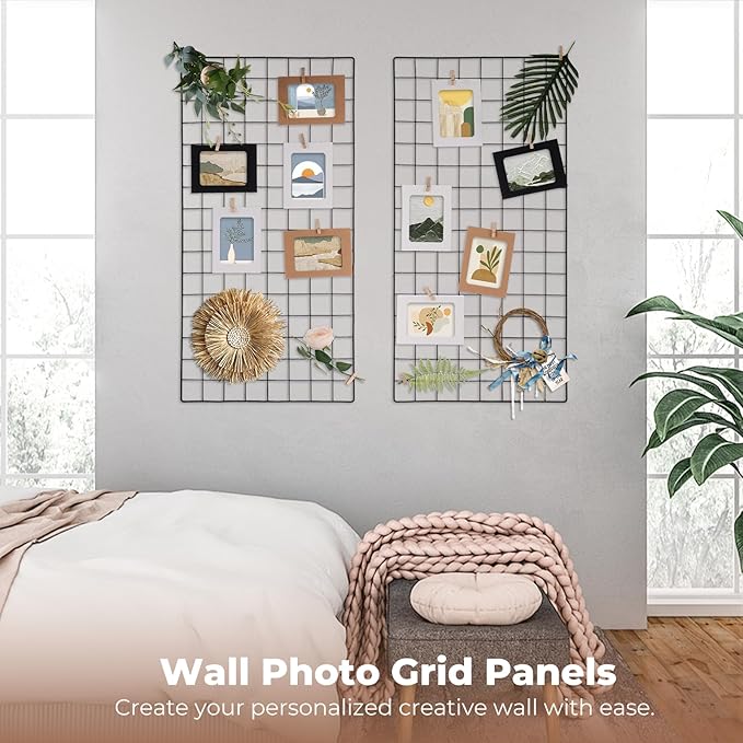 Lnrueg 2 Pack Wire Wall Grid Panel 30" x 15", Wall Grid Shelf with Photo Frames for Photo Display, Metal Mesh Message Board Memo Boards, Heavy Duty Gridwall Display Rack for Art Retail Display