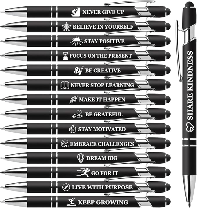 15 Pack Motivational Pen Set - Inspirational Quotes Retractable Ballpoint Pens for Office School Supplies, Encouragement Gifts for Women Men, Black