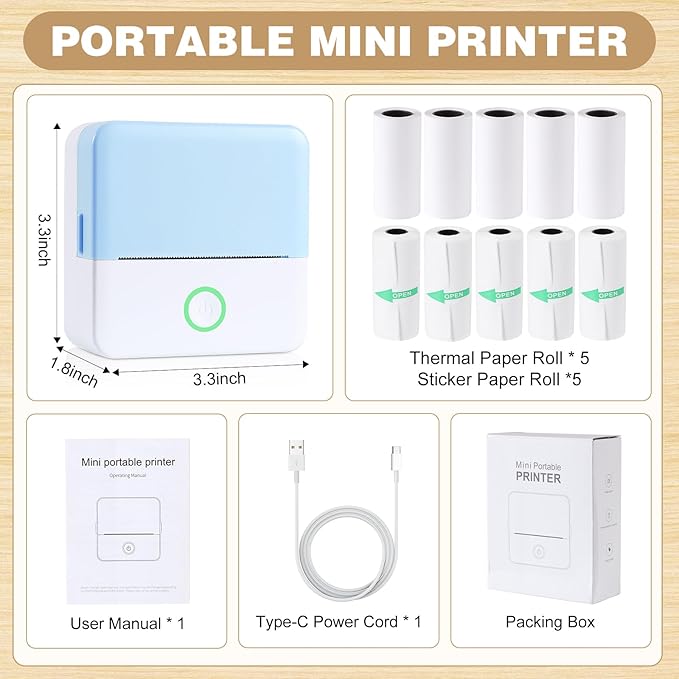 cudinham Print Pods Mini Printer, Thermal Inkless Sticker Maker with 10 Rolls Printing Paper, Pocket Printpod for Phone, Impresora Portátil for Notes, DIY, Compatible with iOS & Android (Blue)