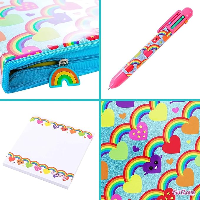 GirlZone 43-Piece Rainbow Filled Pencil Case with Supplies - Ages 7+ - Art Kit, Marker Binder & Stationery Set for Kids