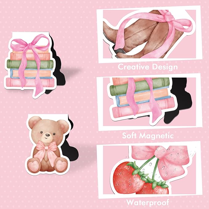 Pink Bows Magnetic Bookmarks, 12 Pcs Girly Magnet Book Mark Clips Gifts for Women Girls Students, Cherry Page Markers, Cute Stationery for Reading Journals Christmas Stocking Stuffers