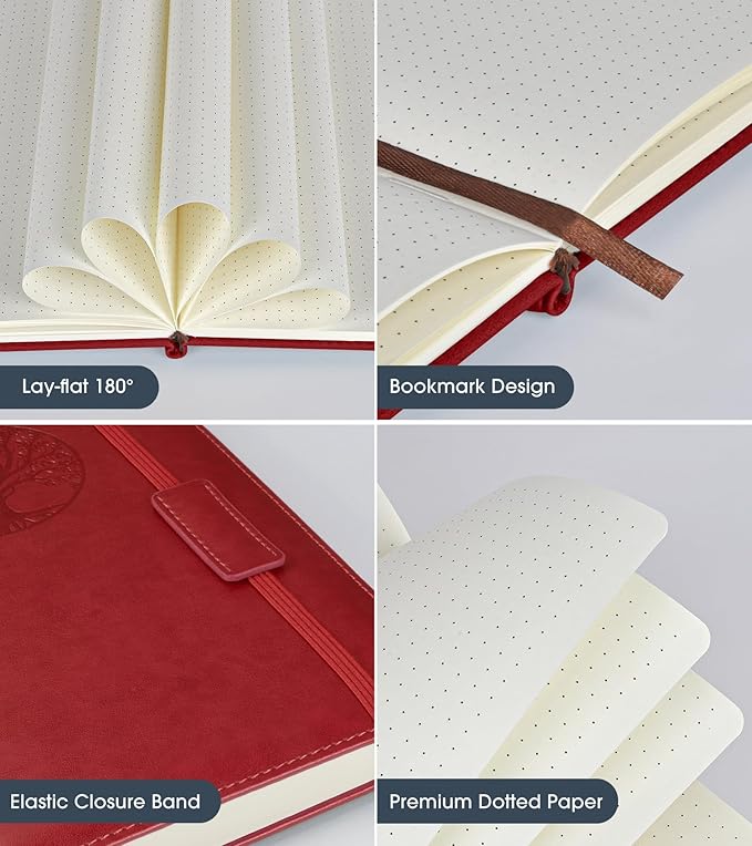 Biuwory Dotted Journal Notebook for Women Men, 160 Pages Hardcover Dot Grid Notebooks for Work, School & Travel, Leather Journals for Writing, Bullet Journaling 5.7"×8.3" (Winered)