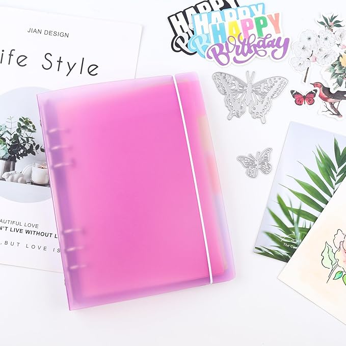 A5 6 Ring Binder Cover Clean Transparent Soft PVC for Refillable Notebook Shell with Snap Button Closure Matte Surface for Stamp & Die Storage Traveler Planner Diary Pages （Purple