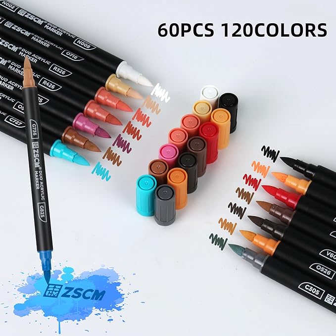 120 Colors Dual Tip Acrylic Paint Markers, 60Pcs Dual-Colors Brush Tip Paint Pens Stocking Stuffers for Rock, Wood, Fabric, Glass, Ceramic, Christmas Gifts for DIY Crafts Art Supplies