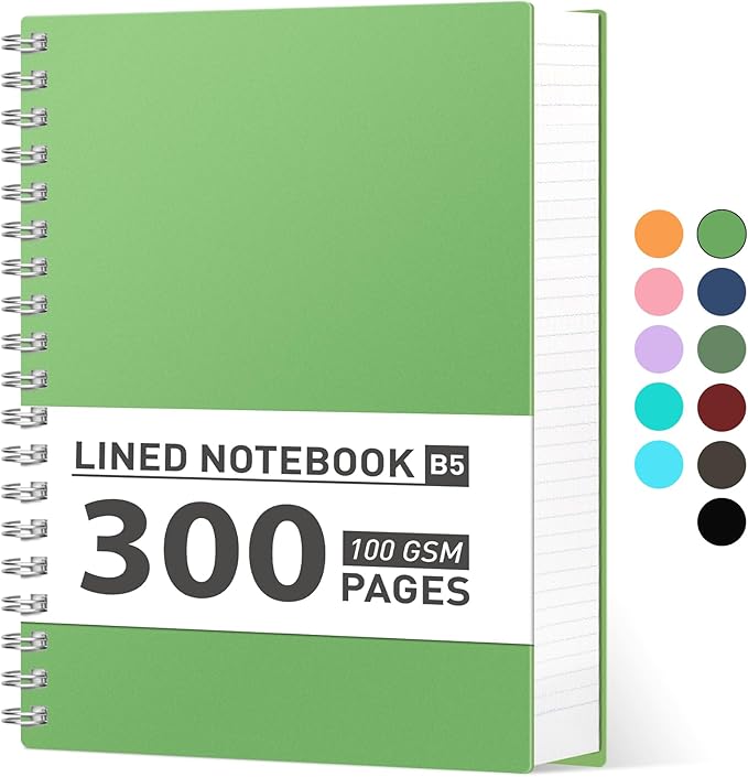 AHGXG Spiral Notebook College Ruled - Large Spiral Notebook Journal B5 7.48" × 10.15", 300 Pages, 100GSM Thick Paper, Plastic Hardcover, for Work Office School Writing Notes,Green