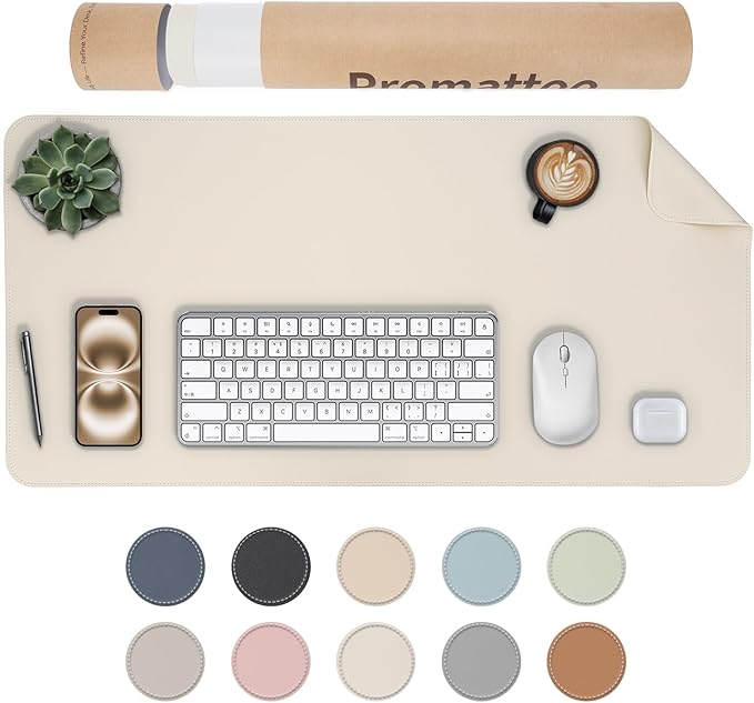 Oversized Non-Slip Desk Pad Protector with Premium Gift Box – Vegan Leather Waterproof Laptop Mat for Keyboard & Mouse, Grips Desk Firmly – Large Office Pad– Creamy White