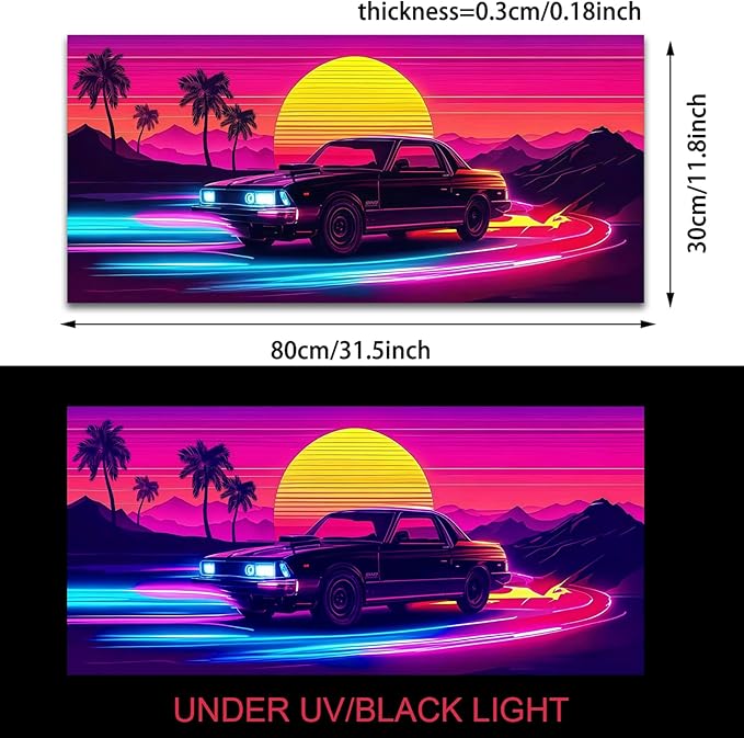 Manicer Retro Sunset Car Mouse Pad – Blacklight Gaming Desk Mat, UV Reactive Neon Glow in The Dark Mousepad, Extended 31.5” x 11.8” Non-Slip Rubber Base, Waterproof Cool Desk Pad for Office & Home
