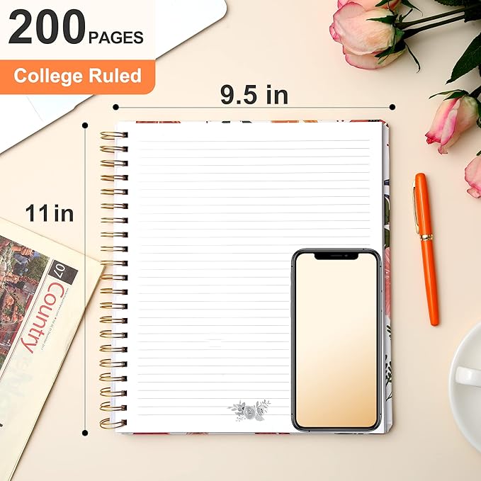 CAGIE Hardcover Spiral Notebook College Ruled Aesthetic Spiral Notebook Journal with Large Pockets Note Book for Note Taking Work Women Writing, 8.5 x 11