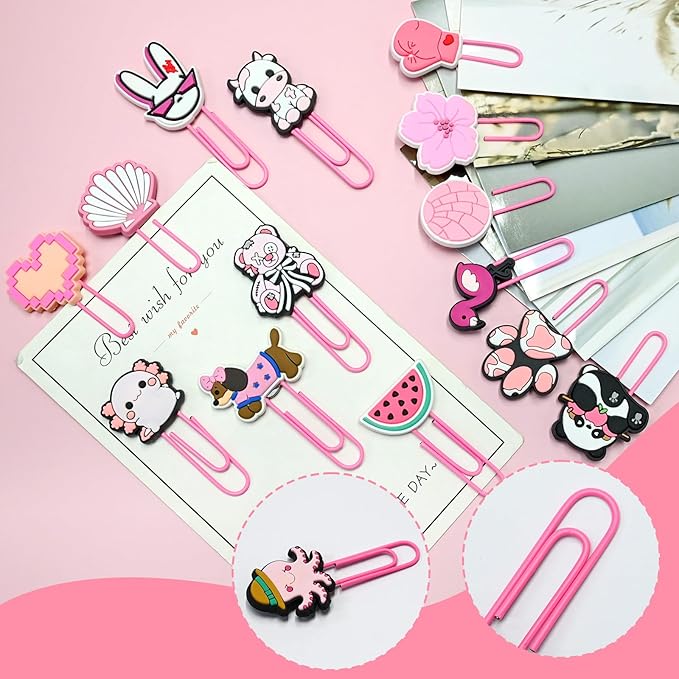 Cute Paper Clips, 30Pcs Pink Bookmark Paperclips Bulk Metal Fun Cute Pink Planner Clip Charms Clamp Desk Accessories Stationery Colorful Office Supplies Gifts for Student Teacher Party Decorative