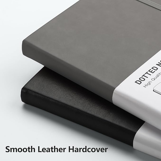 RETTACY Dotted Journal Notebook, 192 Pages, A5 Medium Size (5.7'' x 8.3''), Leather Hardcover, 100 GSM Thick Paper, for Bullet Journaling, Planning, Tracking (Gray)