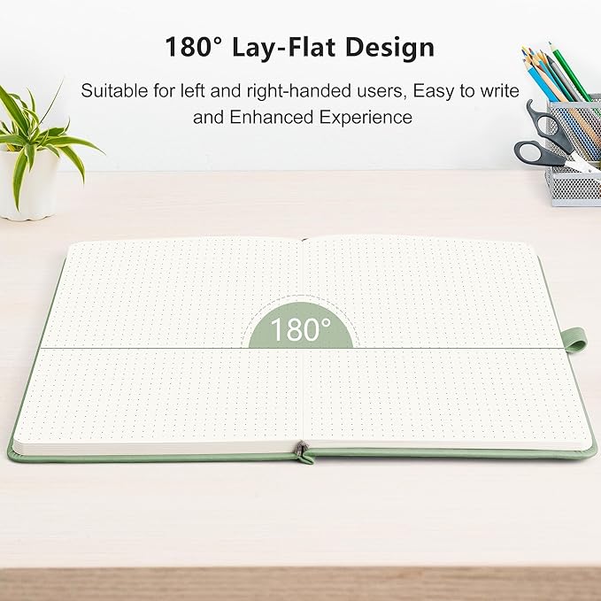 RETTACY Dotted Journal Notebook, 192 Pages, A5 Medium Size (5.7'' x 8.3''), Leather Hardcover, 100 GSM Thick Paper, for Bullet Journaling, Planning, Tracking (Light Green)