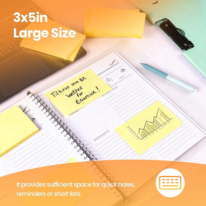 1920 Sheets 3 in x 5 in Large Sticky Notes, 76 x 127 mm 6 Pads Assorted Self-Stick Pads for Notebook,Office,School and Home,80 Sheets/Pad (24 Pads Yellow)