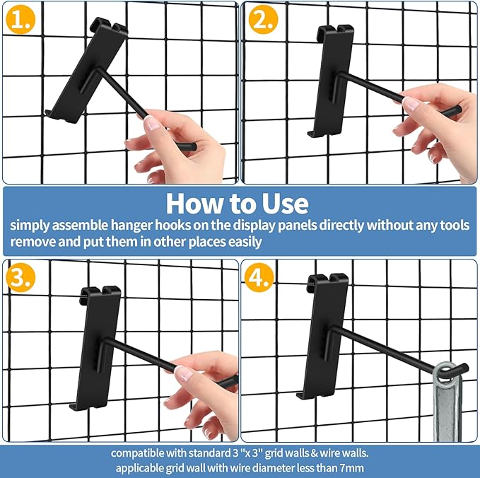 20Pcs Gridwall Hooks, Metal Grid Panel Hanging Peg Hooks, Grid Wall Accessory for Clothes Storage, Home Organization, Retail Display (Black, 6"/15Cm)