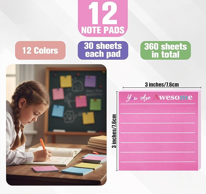 12 Pcs Inspirational Sticky Notes with Lines 3x3'' Motivational Sticky Notes Pad Thank You Gift Cute Employee Appreciation Sticky Notes for Teacher Coworkers Office Supplies Students (12 Color)