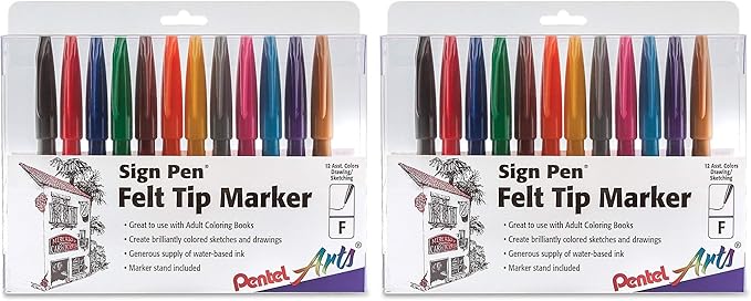 Pentel Felt Tip Sign Pen, Set of 12 Assorted Colors (S520-12) (Pack of 2)