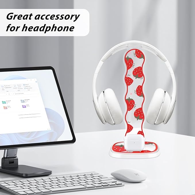 CamyCosy Headphone Stand Gaming Headset Holder for Desk,Clear Pretty Strawberry Flowers Pattern Cellphone Stand Earphone Stand Desk Accessories for All Headphones Size