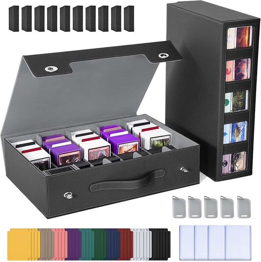 Trading Card Storage Box with Commander Display, 5 Row Magic Card Box with Handle & Aluminum Alloy Locking for 3900+ Unsleeved Cards Suits for MTG PTCG TCG Sports Cards (Black Gray)