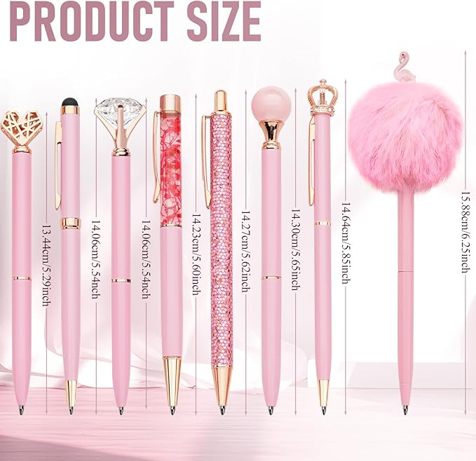 WEMATE 8Pcs Ballpoint Pens Set Metal Crystal Diamond Glitter for Journaling Pink Pen Bling in Black & Blue Ink Pretty Cute Fancy Mothers Day Gift for Women Wedding School Office Desk(Pink)