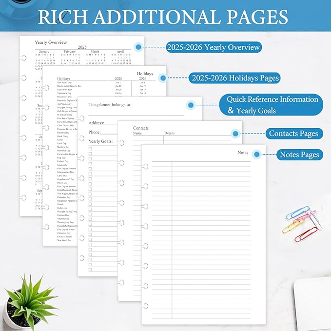 2025-2026 Monthly Planner Refill, Planner Inserts for 8-Disc Discbound, 5.5"x8.5", July 2025 - June 2026, 12 Monthly Calendars with Laminated Tabs