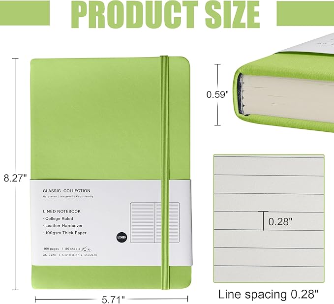 Lined Journal Notebook, 6Pack Hardcover Notebook for Men & Women – Journals for Writing, Work, School, Home & Daily Notes, 160 Pages – Medium A5, 5.7"x8", 100 gsm Thick Paper (Grass Green)
