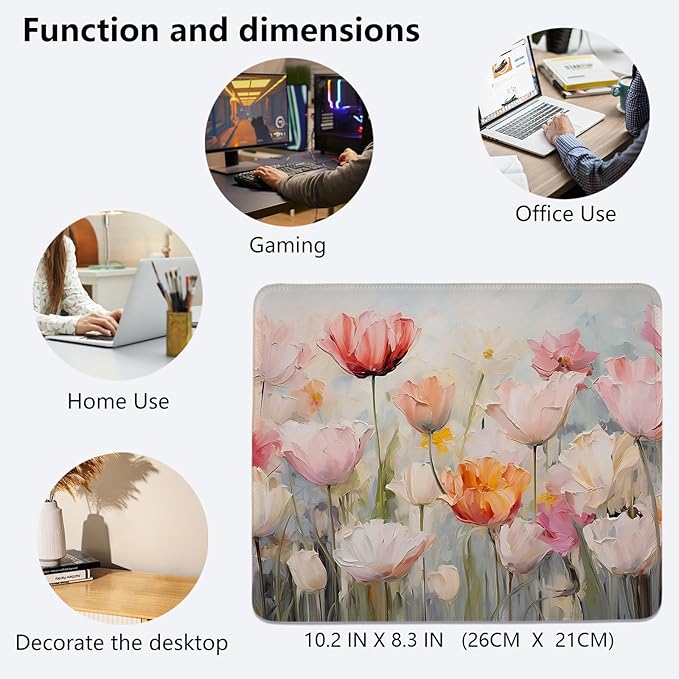 Spring Floral Mouse Pad,Tulip Flower Mouse Pads,Girly Desk Mat,Pretty Cottagecore Flower Desk Mat for Home Office Dorm Desktop Decor,10.2x8.3Inch