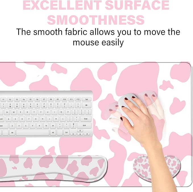 3Pcs Large Gaming Mouse Pad Desk Mat,Keyboard Mouse Wrist Rest Support Set,Extended Laptop Mouse Pad Memory Foam Non-Slip Base for Gamer Home Office(31.5x15.7in)-Pink Cow Pattern