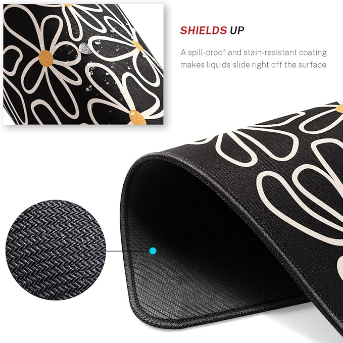 Black Daisy Flower Desk Pad Mat with Stitched Edges and Non-Slip Rubber Base, Premium-Textured Mouse Pad for Laptop, Computer & PC, Gaming & Working, Waterproof Mousepad