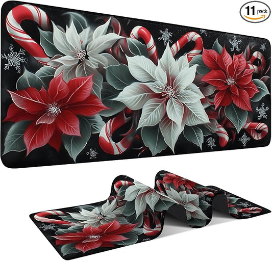 Christmas Flowers Extended Gaming Mouse Pad 35.4x15.7Inch Large Desk Mat Anti-Slip Rubber Base & Durable Stitched Edges for Gamers Smooth Mouse Writing Surface for Desk Office/Home