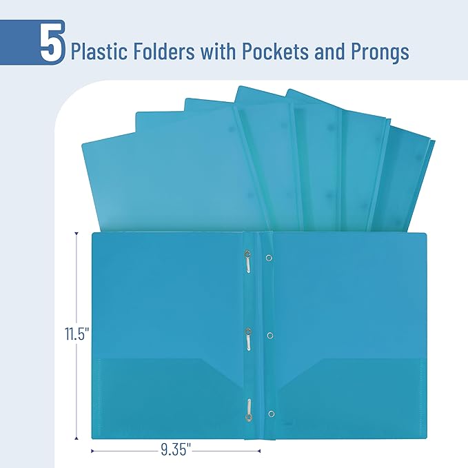 Mr. Pen- Plastic Folders with Pockets and Prongs, 5 Pack, Blue, Pocket Folders, Folders with Prongs, File Folders with Fasteners, 2 Pocket Folder, Folder with Pockets