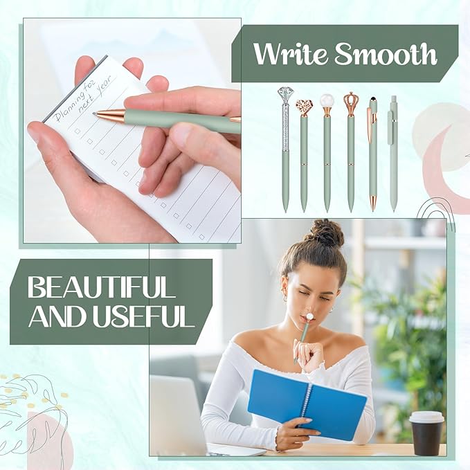 6 Pcs Ballpoint Pens Set Metal Crystal Diamond Pen for Journaling Glitter Pretty Black Ink Fancy Gifts Cute Stationery for Women Girls Teacher Office Wedding School Supplie (Sage Green)