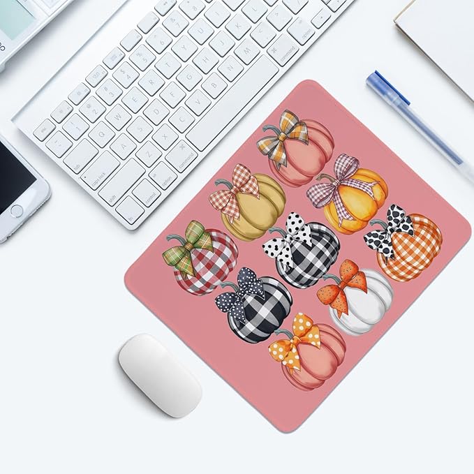 Coquette Pumpkin Mouse Pad,Cute Fall Autumn Pumpkin Mouse Pads,Pink Bow Girly Desk Mat for Home Office Dorm Desktop Decor,10.2x8.2 Inch