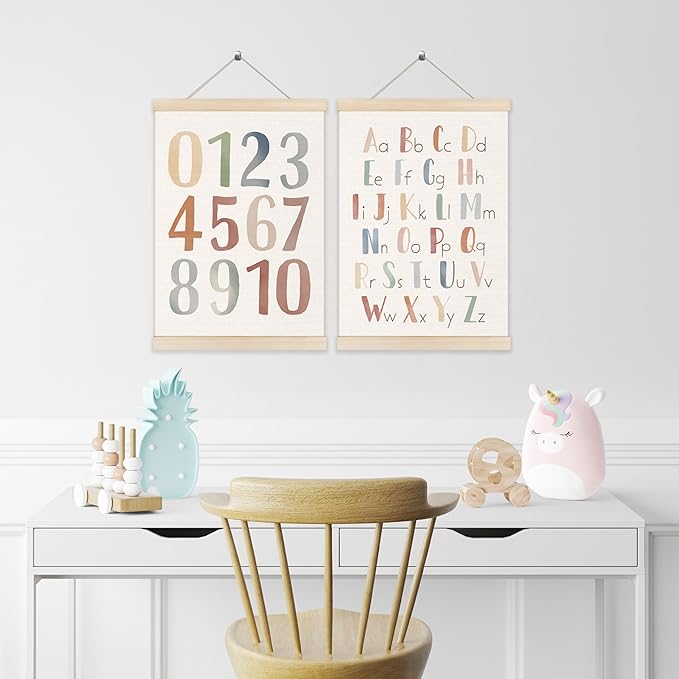 Koesus Boho Classroom Alphabet Numbers 1-10 Wall Art Poster Hanger Frame 12x16 Inch Set of 2, Educational Canvas Pictures Prints Framed Wall Decor for Toddler Kids Room Nursery Classroom Playroom