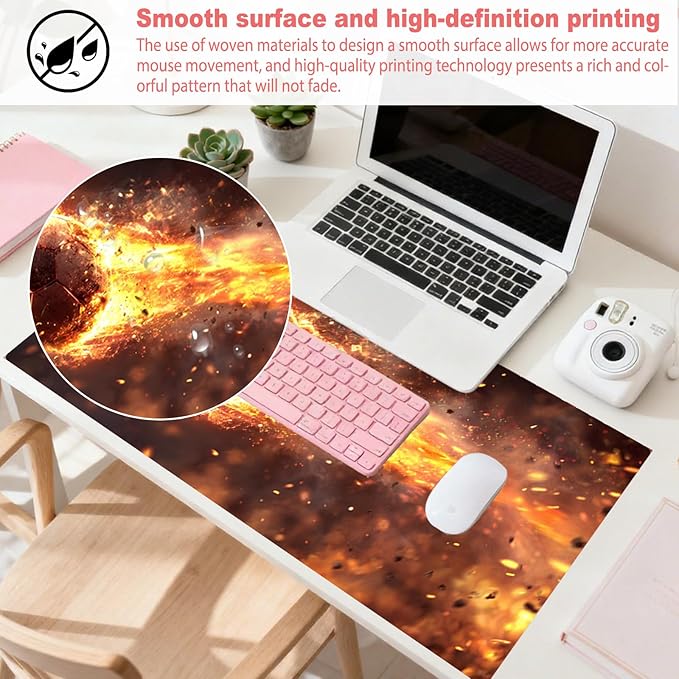 Nuxovilar Professional Large Mouse Pad & Computer Game Mouse Mat (35.4x15.7IN, Fiery Orb Art, Football, Soccer) (90 * 40cm Fiery Orb)