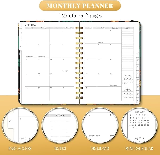 2026 Planner, A5 Weekly and Monthly Planners with Tabs, Spiral Bound Daily Calendar 2026 Planner, Agenda Organizers from Jan. to Dec., Hardcover Habit Tracker Journal 6.18" x 8.5"(Orange Flower)