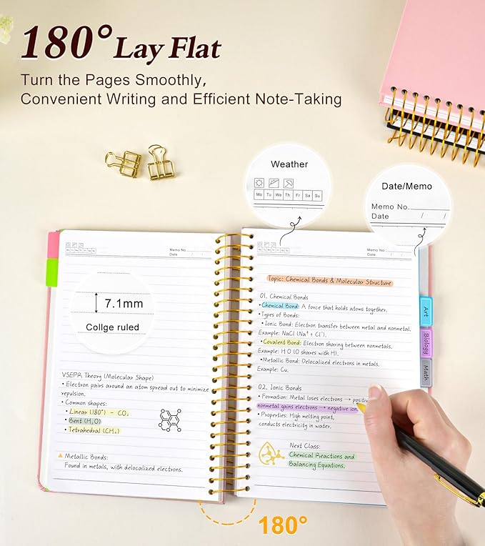 5 Subject Notebook College Ruled, A5 Hardcover Spiral Notebook with Removable Pocket Dividers Tabs, 240 Pages Lined Spiral Journal Notebook for Women, 6x8.5 Notebooks for Work School Note taking Pink