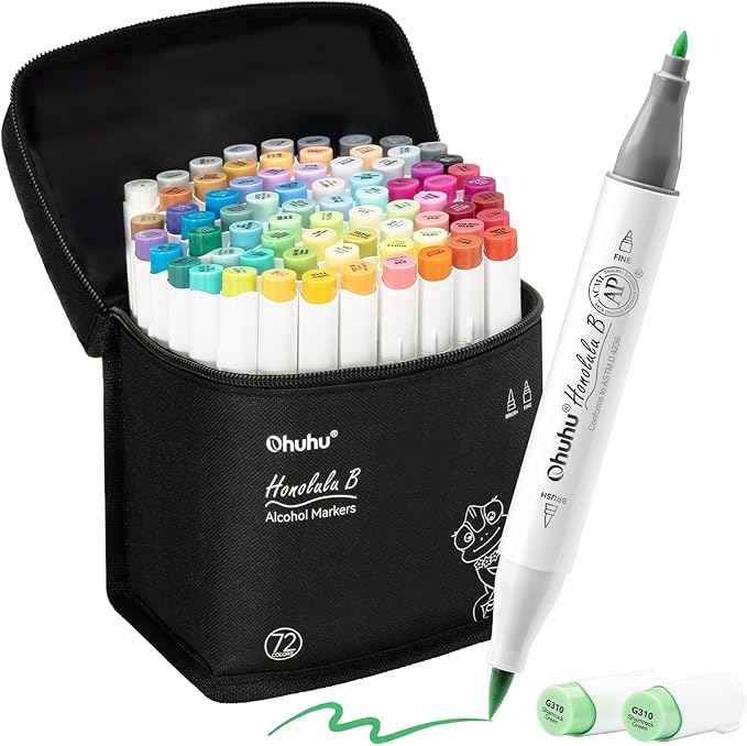 Ohuhu Alcohol Markers Brush Tip - AP Certificated Double Tipped Art Marker Set for Artist Adults Coloring Illustration- 72 Colors - Refillable - Fine and Brush Dual Tips - Honolulu B of Ohuhu Markers