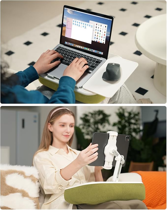 Viozon Kindle Pillow Stand Holder, Phone Holder for Bed, Laptop Lap Desk with Mouse Pad,Compatible with 4.7-13" Kindle/Tablet/Phone,10-15" Laptop, Snack Bowl&Cup Attachment&Detachable 360° Stand Arm