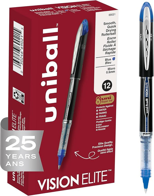 uni-ball uniball Vision Elite Rollerball Pens with 0.5mm Fine Point Micro Tip, Blue, 12 Count