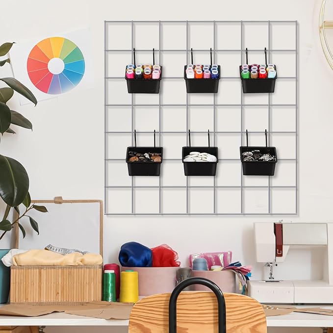 6 Pcs Grid Wall Storage Bin with Hooks, Square Box Shape Hanging Baskets, 3.5 x 2.5 x 1.8 Inch Pegboard Cups for Garage, Kitchen, Office, Craft Room Durable Space Saving Organizer