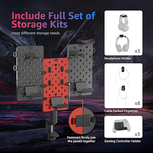 PEGZONE Modular Headphone and Controller Holder for Game, Clamp-on Pegboard, Rotatable Controller Stand with Cable Hooks, Gaming Accessory for Xbox PS5 PS4 Nintendo Switch, 3Pcs Pegboard, Red
