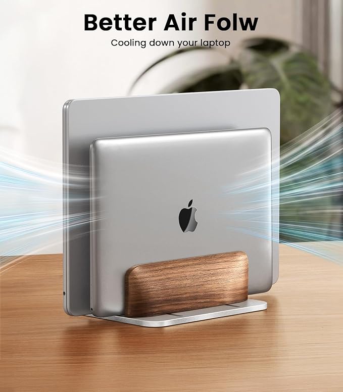 𝟮𝟬𝟮𝟲 𝗨𝗽𝗴𝗿𝗮𝗱𝗲𝗱 Aluminum Vertical Laptop Stand, [Black Cedar Wood Dual-Slot], Desktop Adjustable MacBook Stand, Adjustable Base, for MacBook Pro/Air, (up to 17.3-inch Gaming laptops)