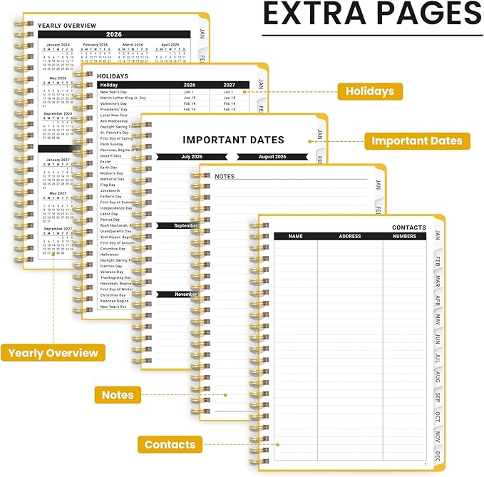 2026 Planner, Weekly and Monthly Calendar Planner, January 2026 - December 2026, Hardcover 2026 Calendar Book with Tabs For Women & Men, Inner Pocket, Spiral Bound, Perfect for Office Home School Supplies - A5 (6.3" x 8.5"), Yellow